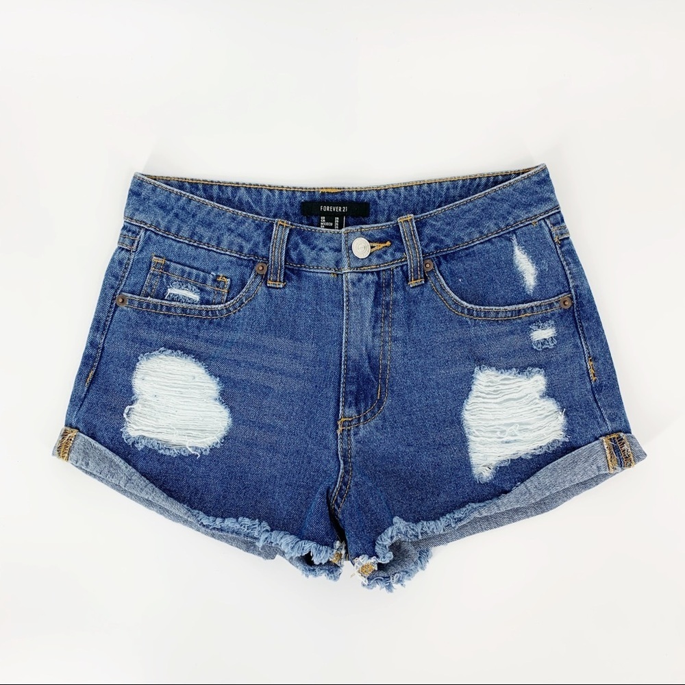 Forever 21 Denim Shorts 25 Distressed Blue Casual Summer Y2k Streetwear Grunge